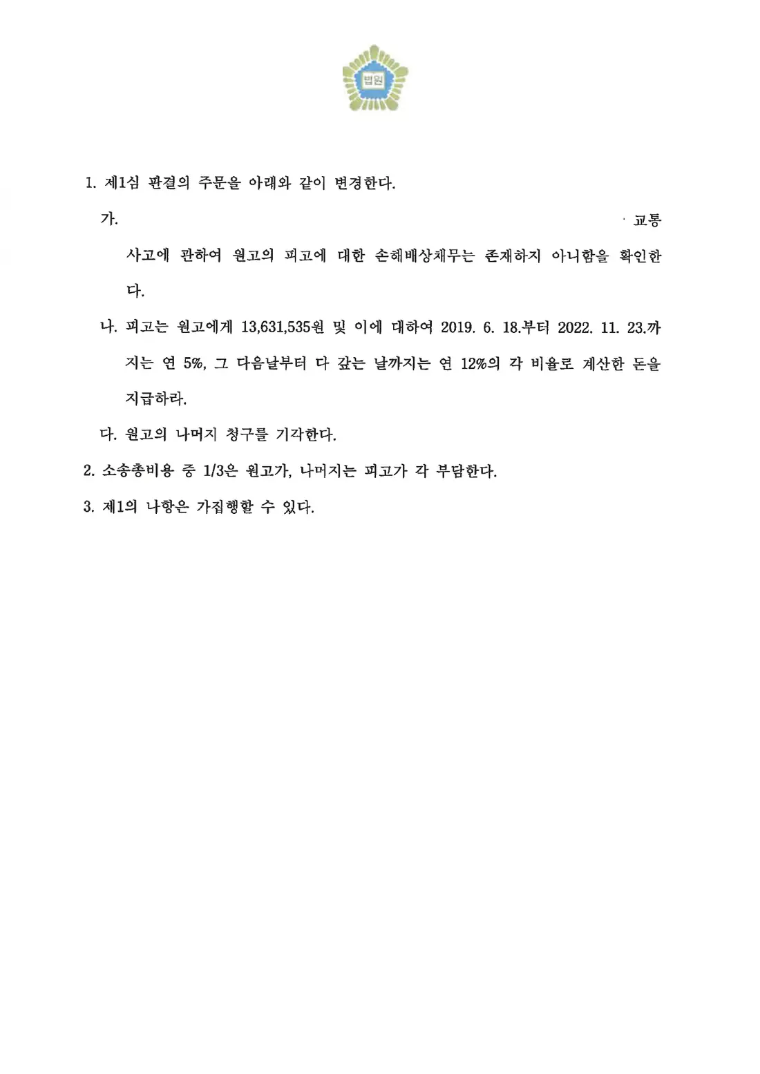 치료비 반환 청구 일부 방어에 관한 비식별 처리된 사건 자료 2